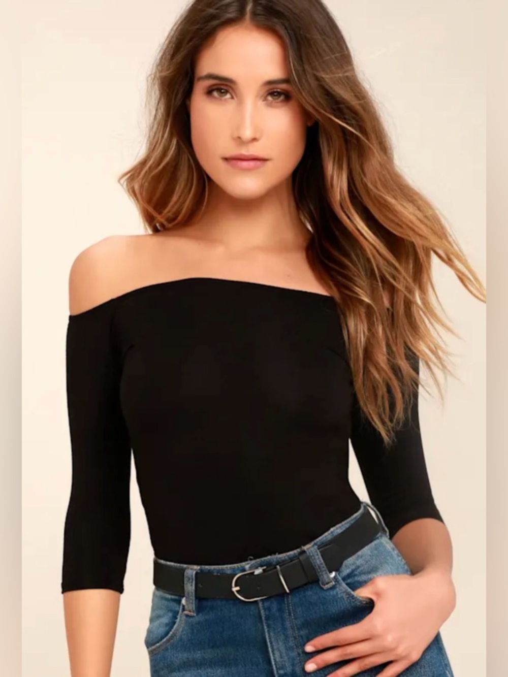 LULU’S ELEVATED ESSENCE BLACK OFF-THE-SHOULDER TOP